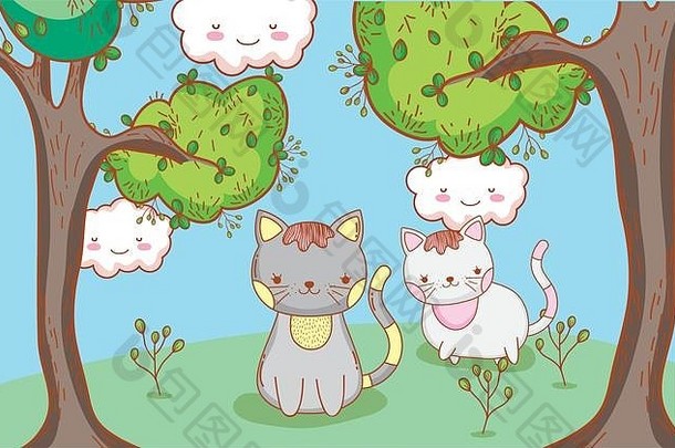可爱的猫咪，带着卡瓦伊云和树