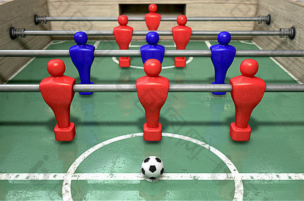 一半桌上足球表格地面水平足球球前面红色的团队准备好了踢足球匹配