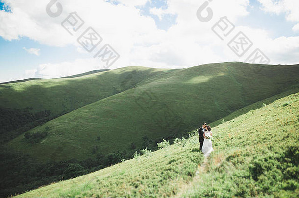 美丽迷人的快乐新娘和时尚新郎在阳光灿烂的群山背景下摆姿势