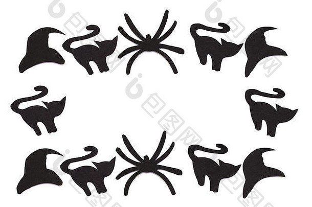 轮廓黑色的猫蜘蛛帽子雕刻黑色的纸孤立的白色万圣节节日万圣节概念