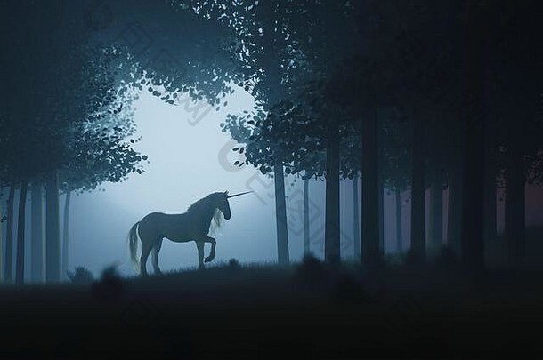 艺术神秘的马在梦幻的黑仙女森林景观。神奇林地中的独角兽。三维插图