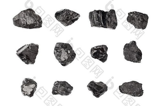 黑色的煤炭石头集白色背景孤立的关闭自然木炭块集合无烟煤岩石纹理生煤炭我的掘金集团