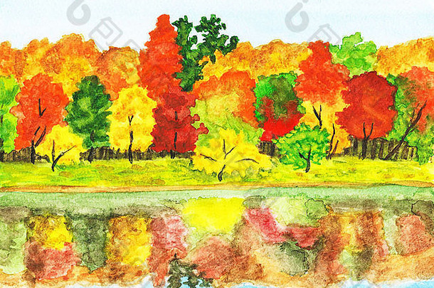 手画图片水彩画秋天景观森林反射水