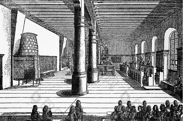 《神学演讲厅中的争论》，神学之争，德国赫尔萨尔·祖阿尔多夫，1750年，木刻的数字复制，出版于19世纪