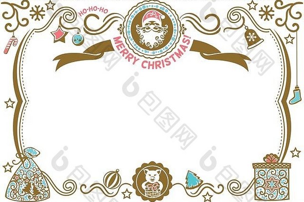 白色圣诞节证书圣诞老人猪象征h-ho-ho快乐圣诞节