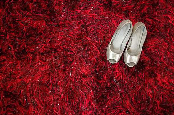 <strong>红色地毯</strong>上银色闪亮高跟鞋细高跟鞋