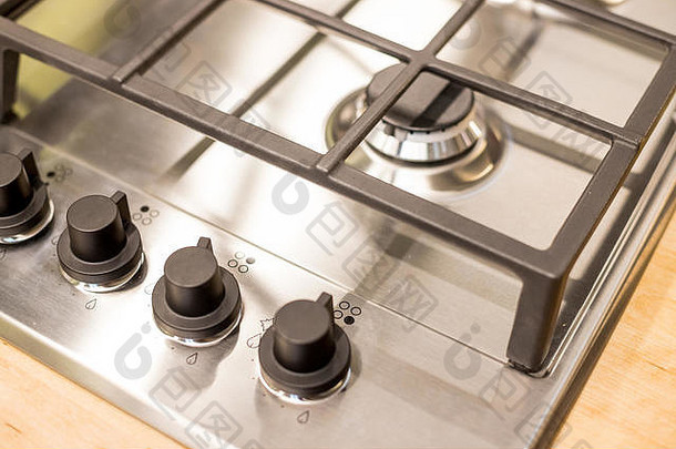 金属气体炉子现代厨房概念强迫储蓄公用事业公司气体炉子旋钮热开关优雅的金属钢黑色的白色气体