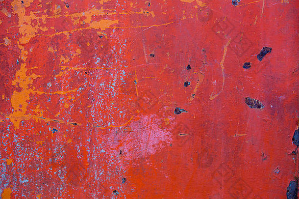 老式金属墙面纹理<strong>背景</strong>，红色和黄色的剥落开裂油漆。锈迹斑斑的风化表面无缝图案和抽象图案