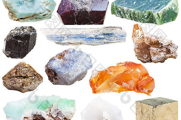 一套天然矿物水晶宝石-软玉，蓝晶石，石榴石，黄铁矿，水晶，黄玉，岩石中的锆石，玉髓，磷灰石