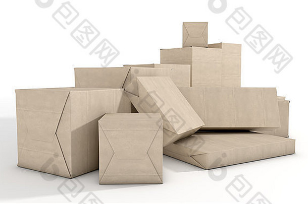 分散集合包裹盒子包装棕色（的）纸孤立的白色工作室背景