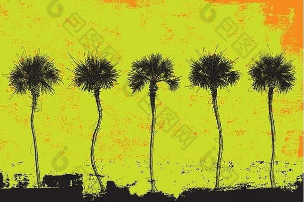 五棵棕榈树抽象背景上的五棵棕榈树。