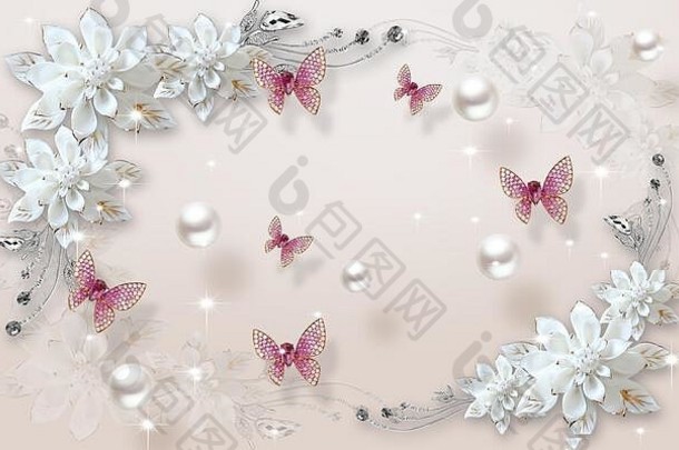 3D墙壁背景花卉珠宝钻石