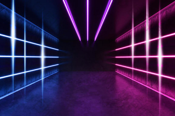 未来主义的科幻现代房间条纹形状的蓝色的紫色的发光的霓虹灯行