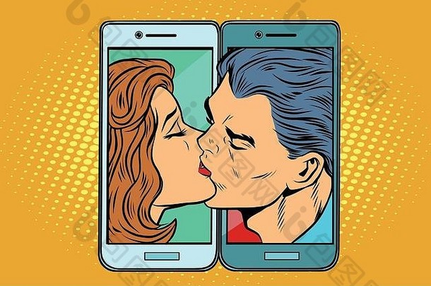复古的男人。女人接吻智能手机