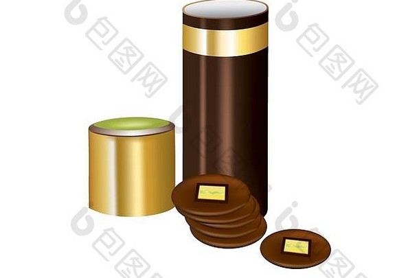 巧克力包装在白色背景的直立圆柱管中