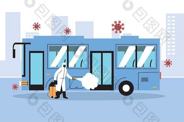 身穿防护服的男子通过冠状病毒或新冠病毒19载体插图设计对公交车进行消毒