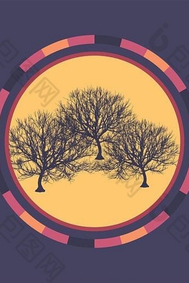 技术彩色圆形背景与树木。抽象数字插图。连接概念。电子圆设计。现代抽象线与点