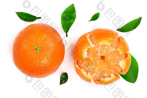 橙色<strong>橘子</strong>叶子孤立的白色背景平躺前视图水果作文