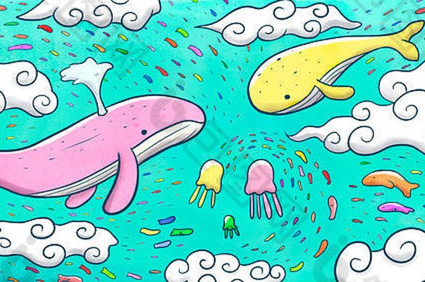 各种鱼类、鲸鱼和水母在空中飞翔的数字水彩插图。