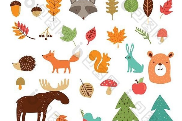 你好秋天，秋天季节收集森林动物，元素和插图，贴纸，图标