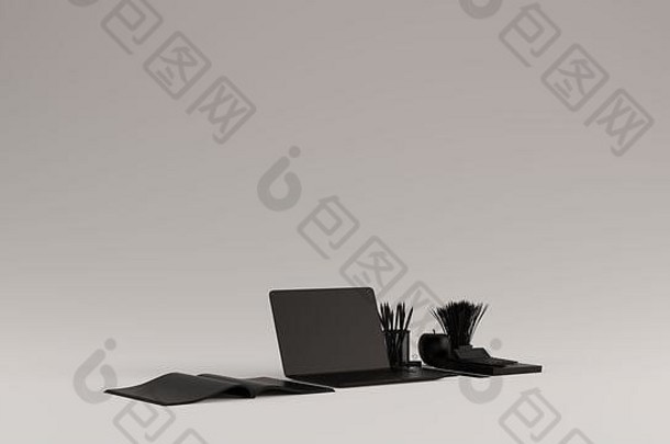 黑色当代热桌办公室设置笔记本电脑手机记事本钢笔杂志计算器Bull clips 3d插图3d渲染