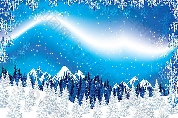 <strong>冬季</strong>雪景的插图，包括松树、积雪覆盖的山脉和雪花构成的框架。