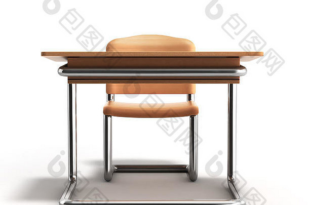 白色背景上的学校桌椅3d渲染