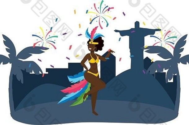 当地妇女与基督救赎者和棕榈树在城市里跳舞庆祝巴西狂欢节