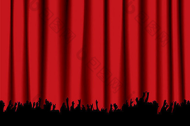 红色天鹅绒音乐会舞台幕布和观众手的剪影