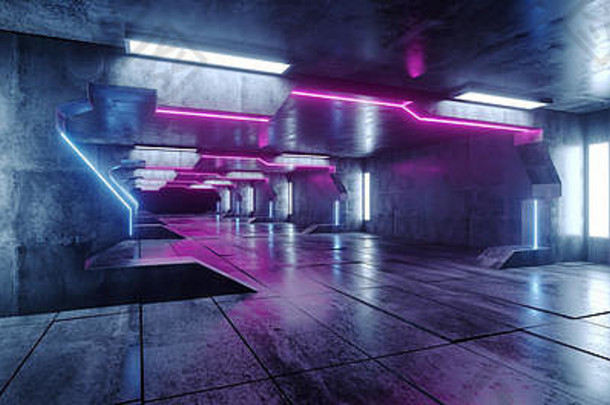 紫外线蓝色的紫色的未来主义的三角形外星人宇宙飞船霓虹灯发光的黑暗长大大厅走廊隧道难看的东西混凝土反光平铺的地板上洞