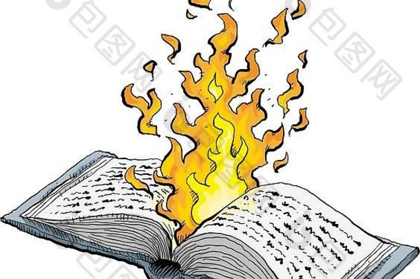 一本打开的书的动画片，它热得着火了。