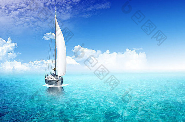 阳光明媚的大海中的帆船
