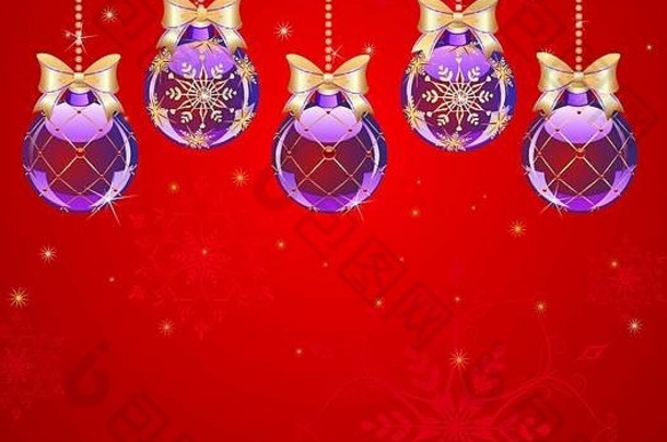 五个新年紫色透明球，红色明亮的背景上有艺术的镀金图案。