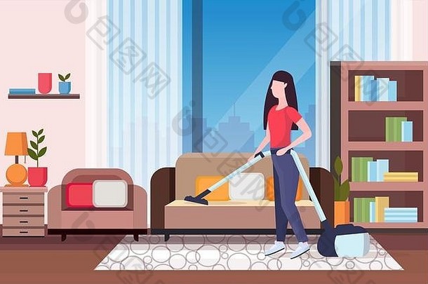 家庭主妇真空更清洁的女孩吸尘沙发上做家务管家清洁服务概念现代生活房间室内完整的长度平