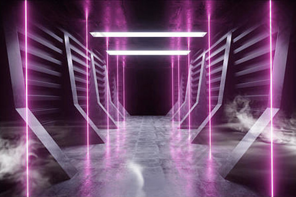 未来派烟氖激光宇宙飞船未来黑暗走廊发光紫红色蓝色科幻混凝土垃圾走廊虚拟现实充满活力的荧光灯