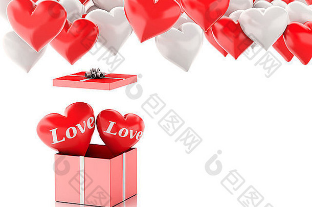 3d渲染器插图。礼品盒中的红心和红心气球。白色背景的情人节概念