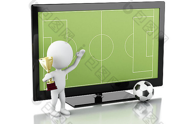 三维插图。带有足球场和足球的电视屏幕。体育概念。孤立白色背景