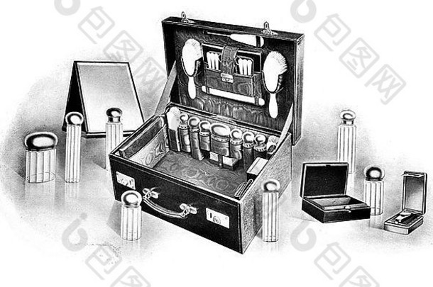 1900美容工具盒刷子香水须后水粉奶油玻璃瓶手提箱镜子理发师理发师