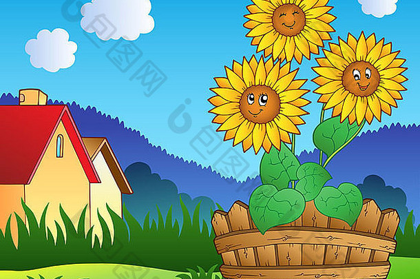 草地与三个可爱的向日葵-彩色插图。