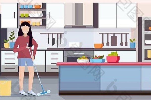 家庭主妇拖地地板上女人更清洁的做家务女孩持有拖把清洁概念现代厨房室内完整的长度平水平
