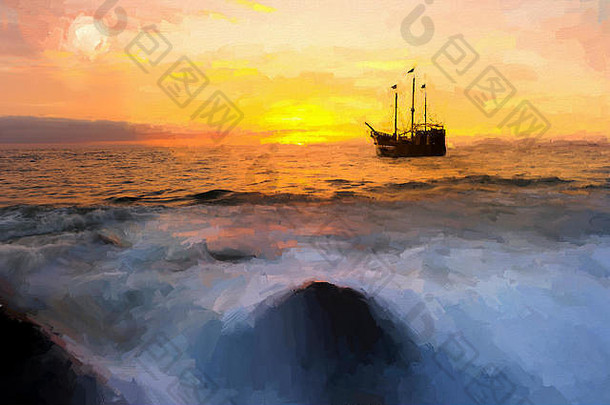 海盗船海洋日落幻想是一个明亮的金色海景，海盗船停泊在海上，满月升起