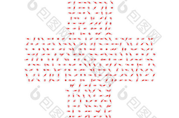 半透明的红色和透明的药丸，呈交叉医学符号的形状，隔离在白色背景上。