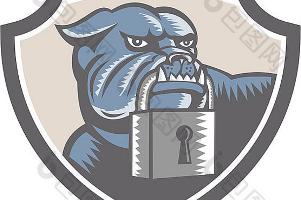 图为一只斗牛犬，一只杂种狗的头部吉祥物咬着一把挂锁，挂锁面向正面，在白色背景的盾徽内，以复古木刻风格完成。
