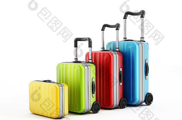 白色背景上的彩色行李箱。