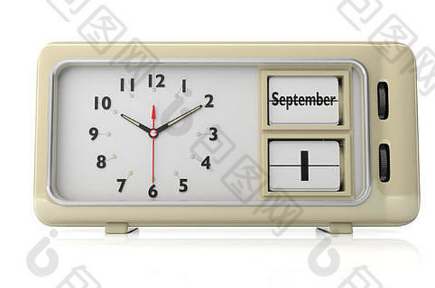 回到学校。老式复古闹钟，9月1日日期文本背景为白色，独立。三维插图。