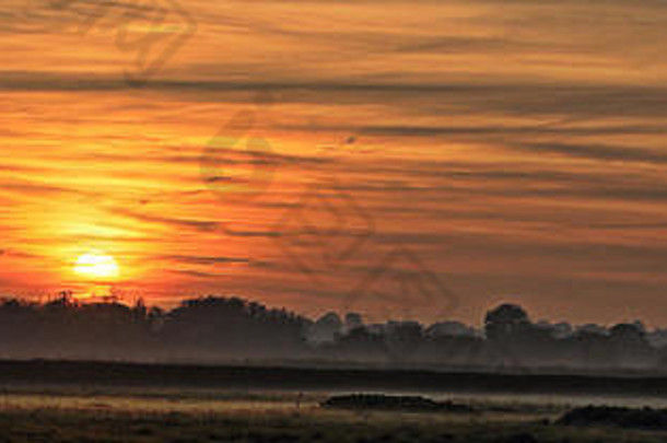 英国格洛斯特郡斯利姆布里奇附近农田上的日落。（HDR）