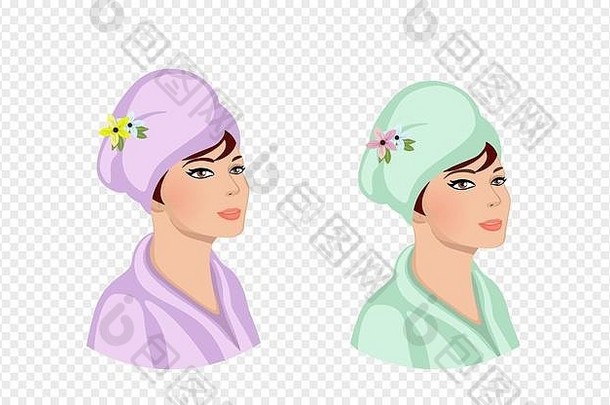 头上戴浴巾的女人被隔离在透明的背景上。穿着毛巾和长袍的美丽女孩在浴室或水疗中心进行美容和护肤程序