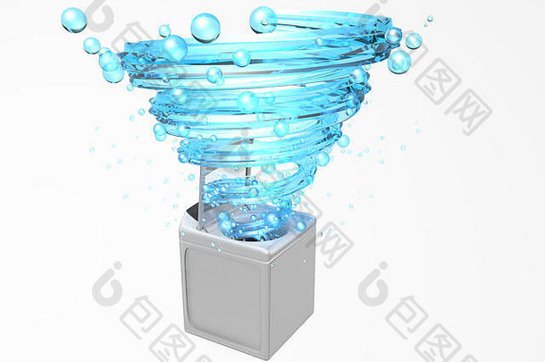 门开着的洗衣机正面图，里面是一个蓝色的螺旋形喷水器，白色的背面漂浮着气泡