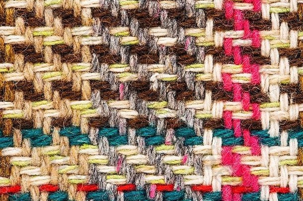 棕色（的）网纹织物彩色的线程苏格兰羊毛织物格子外套西装特写镜头背景