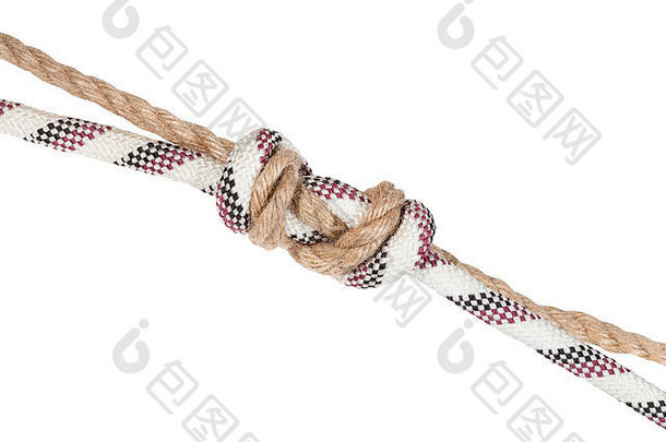 环结（水结）的另一侧连接白色背景上隔离的两根绳子